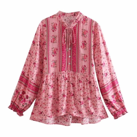 Pink Floral Gypsy Bohemian Button Long Sleeve Top - Picture 9 of 11